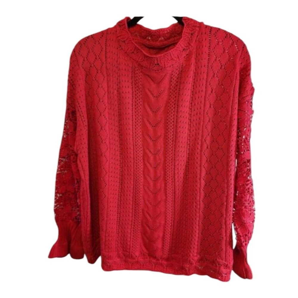 OPEN WEAVE RED SWEATER SIZE LARGE CROCHET  KNITTING IS BEAUTIFUL LONG SLEEVE